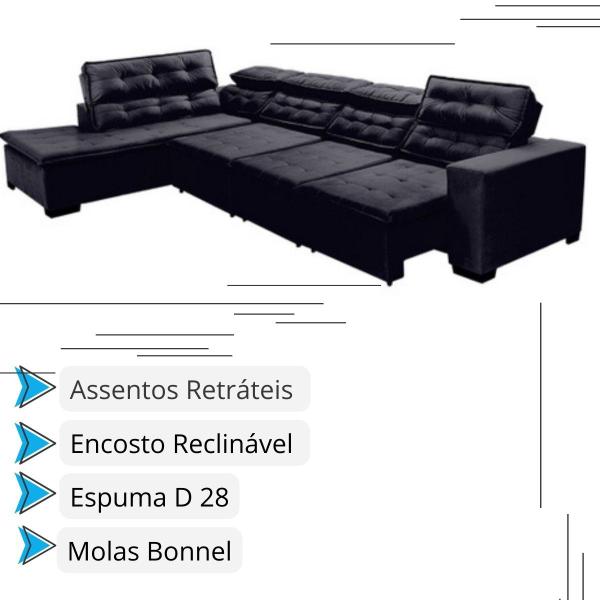 Imagem de Sofá Canto com Chaise Retrátil e Reclinável 7 Lugares 360x220cm Preto Sttilo Megasul