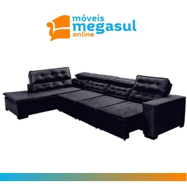 Imagem de Sofá Canto com Chaise Retrátil e Reclinável 7 Lugares 360x220cm Preto Sttilo Megasul