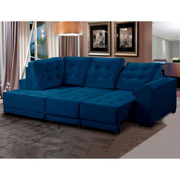 Imagem de Sofá Chaise Canto 5 Lugares 250 Cm Mola Bonnel Cama Retrátil D26 Luxury Suede Azul - SóSofá