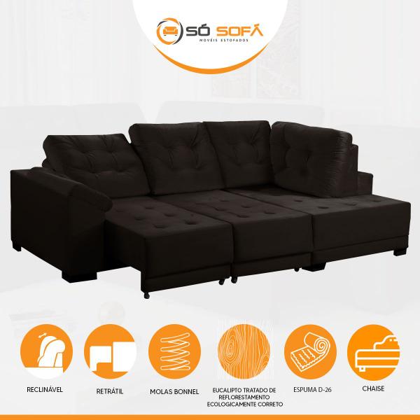 Imagem de Sofá Chaise Canto 5 Lugares 250 Cm Mola Bonnel Cama Retrátil D26 Luxury Suede Preto - SóSofá