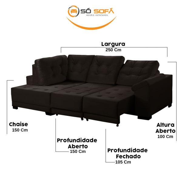 Imagem de Sofá Chaise Canto 5 Lugares 250 Cm Mola Bonnel Cama Retrátil D26 Luxury Suede Preto - SóSofá