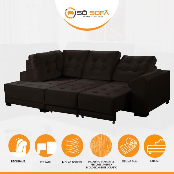 Imagem de Sofá Chaise Canto 5 Lugares 250 Cm Mola Bonnel Cama Retrátil D26 Luxury Suede Preto - SóSofá