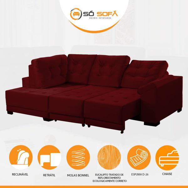 Imagem de Sofá Chaise Canto 5 Lugares 250 Cm Mola Bonnel Retrátil D26 Cama Luxury Suede Bordo - SóSofá