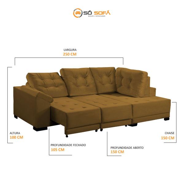 Imagem de Sofá Chaise Canto 5 Lugares 250 Cm Mola Bonnel Retrátil D26 Cama Luxury Suede Dourado - SóSofá