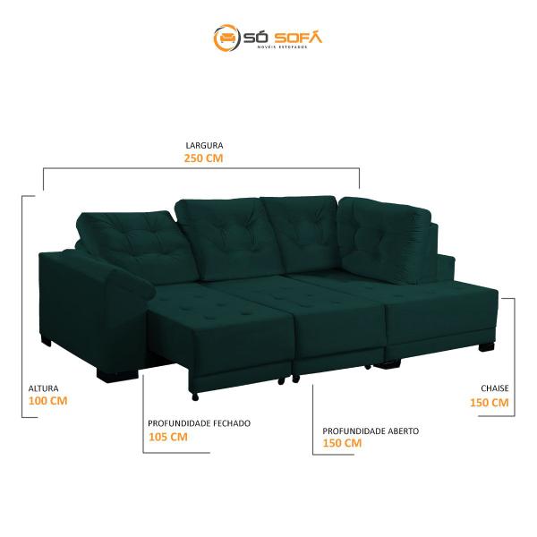 Imagem de Sofá Chaise Canto 5 Lugares 250 Cm Mola Bonnel Retrátil D26 Cama Luxury Suede Verde - SóSofá