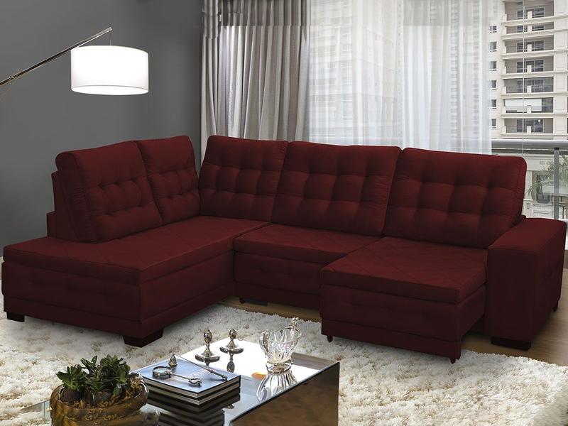 Imagem de Sofá Chaise Canto 5 Lugares Retrátil 2,85x2,05 Mola Bonnel Pillow Rio Suede Vermelho Bordo - SóSofá