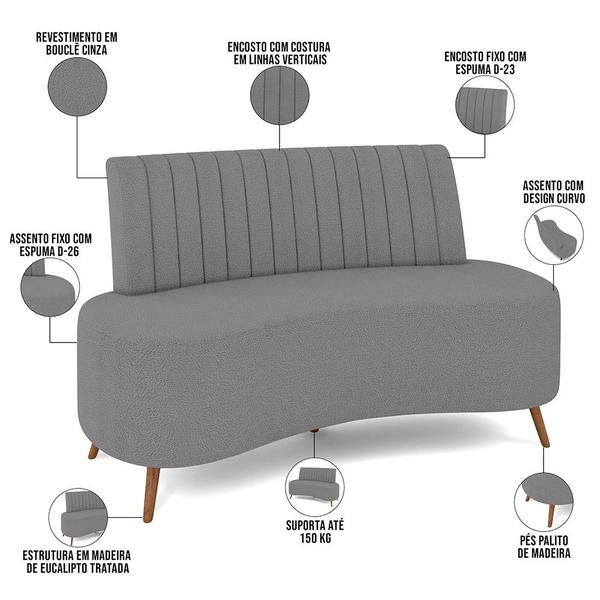 Imagem de Sofá Chaise Living 2 Lugares 135cm Para Sala Cayman K01 Bouclê Cinza - Lyam Decor