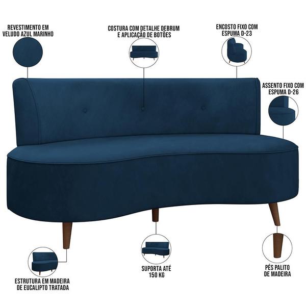 Imagem de Sofá Chaise Living 2 Lugares 160cm para Sala Istambul K01 Veludo Azul Marinho - Lyam Decor