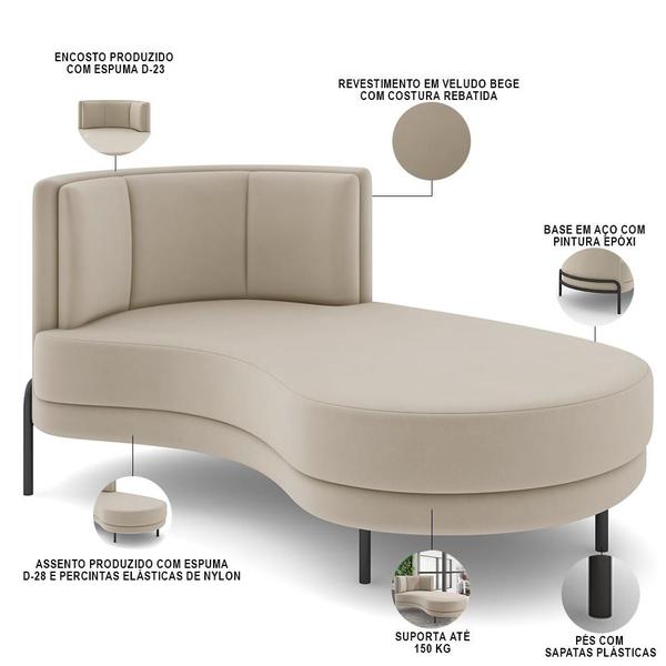 Imagem de Sofá Chaise Longue Sala de Estar Living Lucca Direito D02 Veludo Bege C-309 - Lyam Decor