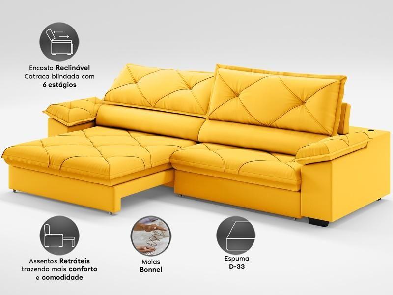 Imagem de Sofá com Carregador USB e Molas no Assento Retrátil Reclinável Nice 2,50m Velosuede - NETSOFAS