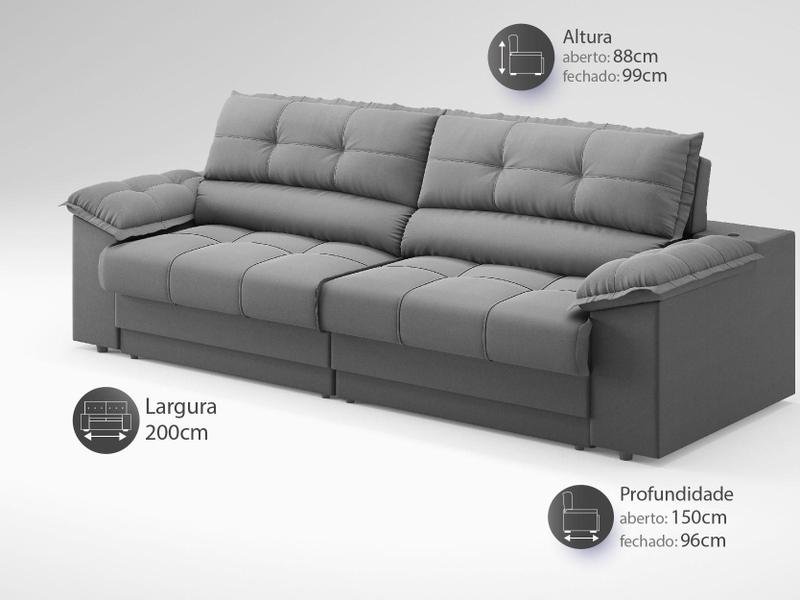 Imagem de Sofá com Carregador USB Retrátil Reclinável Mimo 2,00m Velosuede Grafite - NETSOFAS