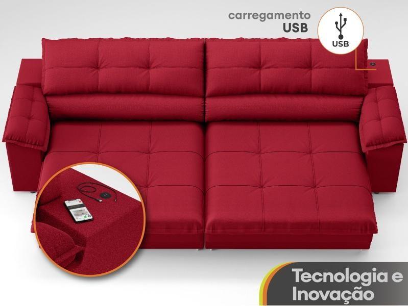 Imagem de Sofá com Carregador USB Retrátil Reclinável Monaco 2,10m Velosuede Vermelho - NETSOFAS