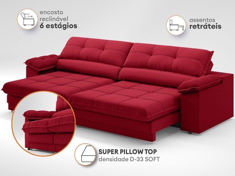 Imagem de Sofá com Carregador USB Retrátil Reclinável Monaco 2,10m Velosuede Vermelho - NETSOFAS