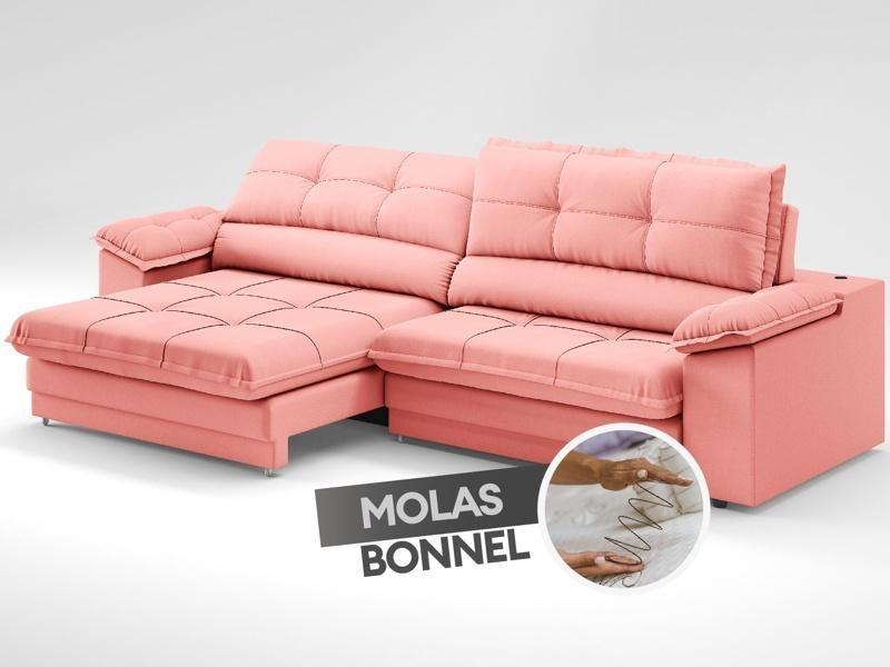 Imagem de Sofá com Carregador USB Retrátil Reclinável Monaco 2,90m Velosuede Rose - NETSOFAS