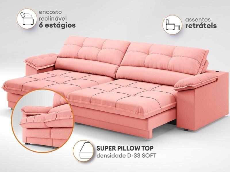 Imagem de Sofá com Carregador USB Retrátil Reclinável Monaco 2,90m Velosuede Rose - NETSOFAS