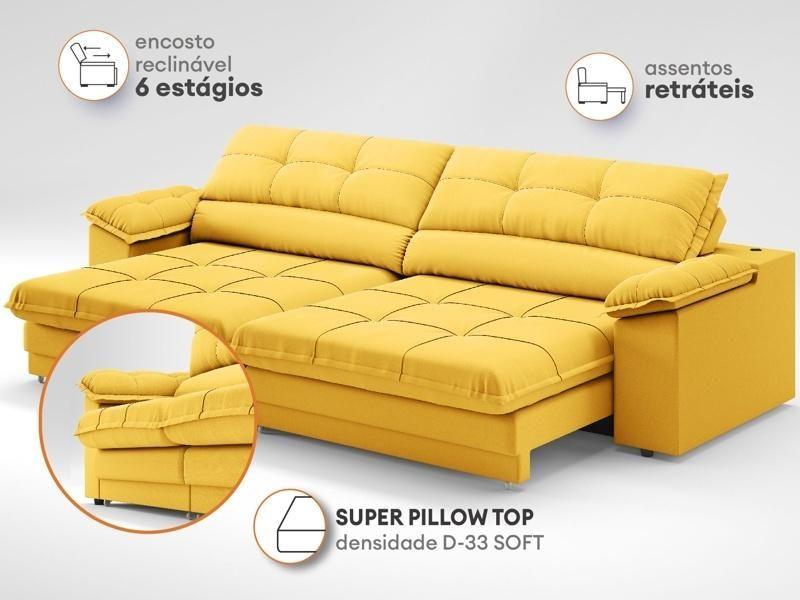 Imagem de Sofá com Carregador USB Retrátil Reclinável Montreal 2,10m Velosuede Canário - NETSOFAS