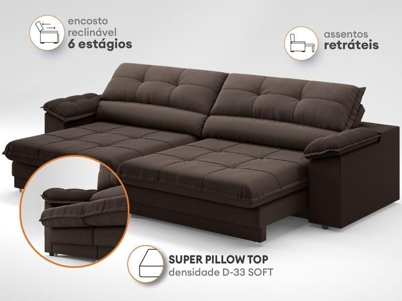 Imagem de Sofá com Carregador USB Retrátil Reclinável Montreal 2,10m Velosuede Chocolate - NETSOFAS