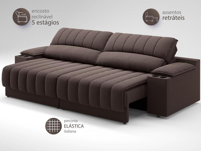 Imagem de Sofá com Porta Copos Carregador USB Ret Rec Murano 2,30m Velosuede Chocolate - NETSOFAS