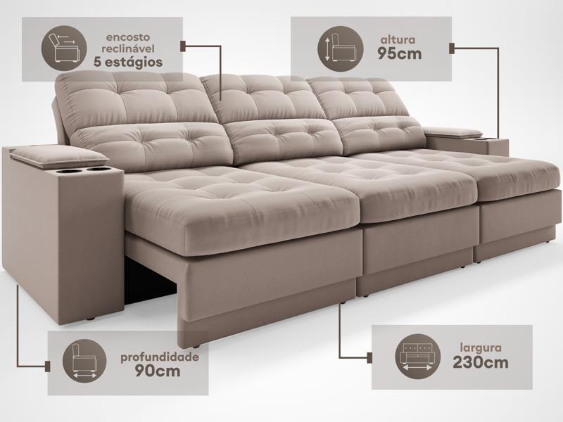 Imagem de Sofá com Porta Copos e Carregador USB Eureka 2,30m  Assento Retrátil e Reclinável Velosuede Bege - NETSOFAS