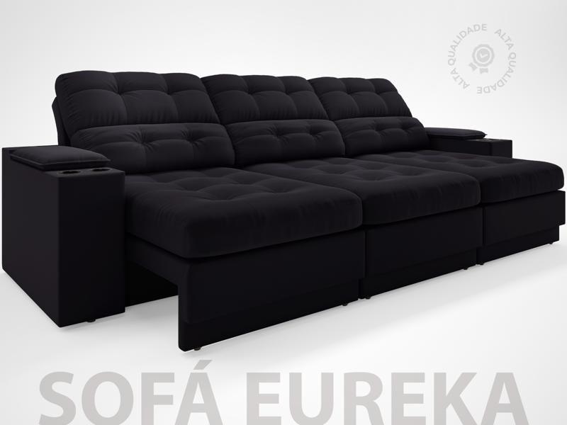 Imagem de Sofá com Porta Copos e Carregador USB Eureka 2,30m  Assento Retrátil e Reclinável Velosuede Preto - NETSOFAS