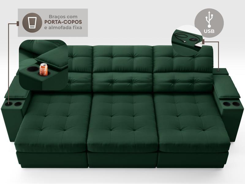 Imagem de Sofá com Porta Copos e Carregador USB Eureka 2,30m  Assento Retrátil e Reclinável Velosuede Verde - NETSOFAS