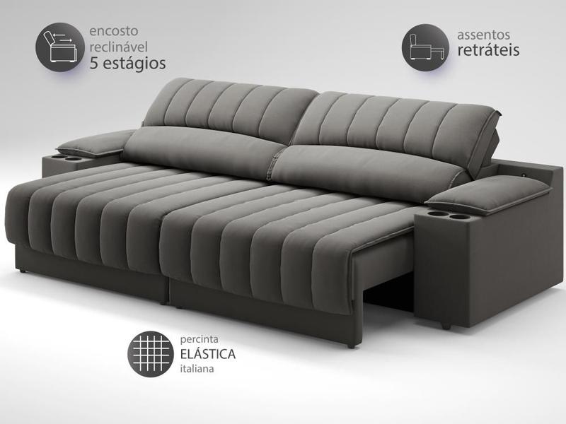 Imagem de Sofá com Porta Copos e Carregador USB Retrátil e Reclinável Murano 2,00m Velosuede Cinza - NETSOFAS