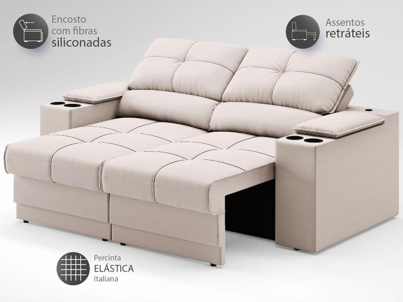 Imagem de Sofá com Porta Copos e Carregador USB Retrátil e Reclinável Ringo 1,70m Velosuede Areia - NETSOFAS