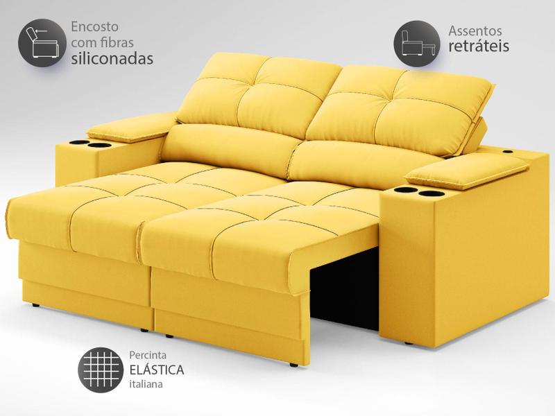 Imagem de Sofá com Porta Copos e Carregador USB Retrátil e Reclinável Ringo 1,70m Velosuede Canário - NETSOFAS