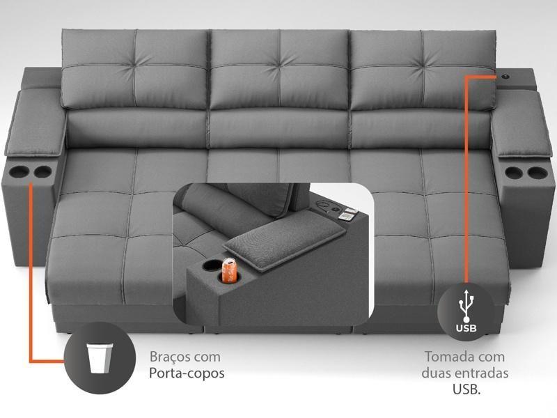 Imagem de Sofá com Porta Copos e Carregador USB Retrátil e Reclinável Ringo 2,30m Velosuede Grafite - NETSOFAS