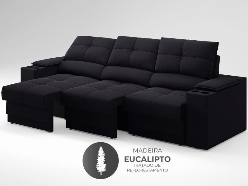 Imagem de Sofá com Porta Copos e Carregador USB Retrátil e Reclinável Ringo 2,30m Velosuede Preto - NETSOFAS