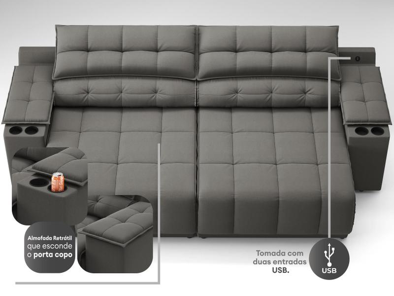 Imagem de Sofá com Porta Copos e Carregador USB Retrátil e Reclinável Samurai 2,00m Velosuede Cinza - NETSOFAS