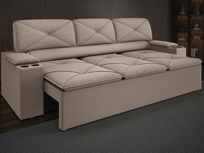 Imagem de Sofá com Porta Copos Retrátil e Reclinável Pop 2,05m Velosuede Capuccino - NETSOFAS