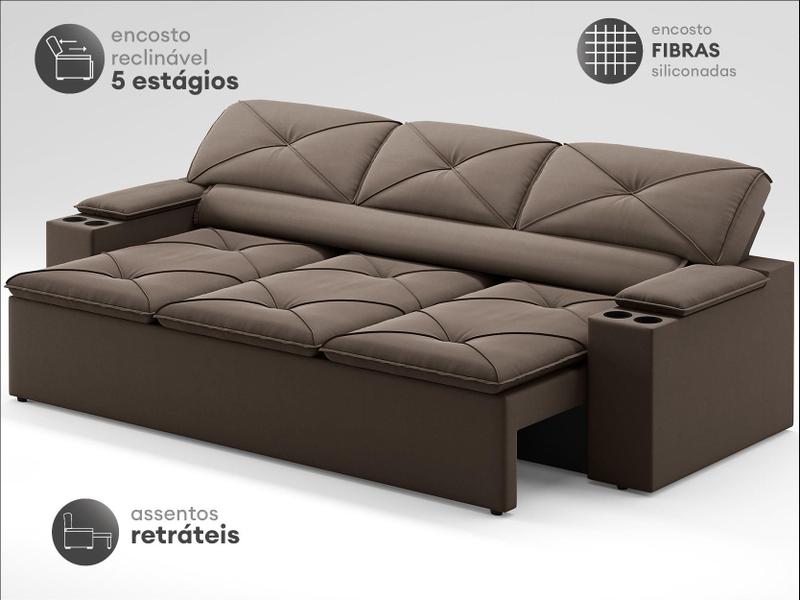 Imagem de Sofá com Porta Copos Retrátil e Reclinável Pop 2,05m Velosuede Marrom - NETSOFAS