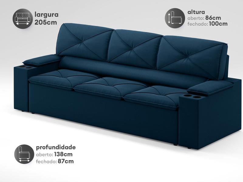 Imagem de Sofá com Porta Copos Retrátil e Reclinável Pop 2,05m Velosuede Petroleo - NETSOFAS