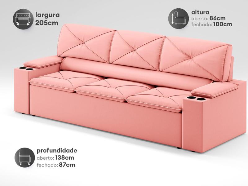 Imagem de Sofá com Porta Copos Retrátil e Reclinável Pop 2,05m Velosuede Rose - NETSOFAS