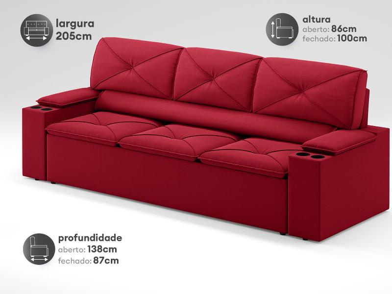 Imagem de Sofá com Porta Copos Retrátil e Reclinável Pop 2,05m Velosuede Vermelho - NETSOFAS