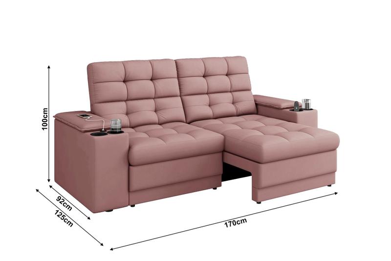 Imagem de Sofá Confort Premium 1,70m Assento Retrátil/Reclinável porta copos e USB Suede Nude - XFlex Sofas