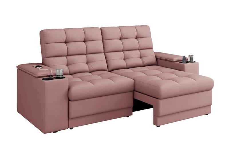 Imagem de Sofá Confort Premium 2,05m Assento Retrátil/Reclinável porta copos e USB Suede Nude - XFlex Sofas