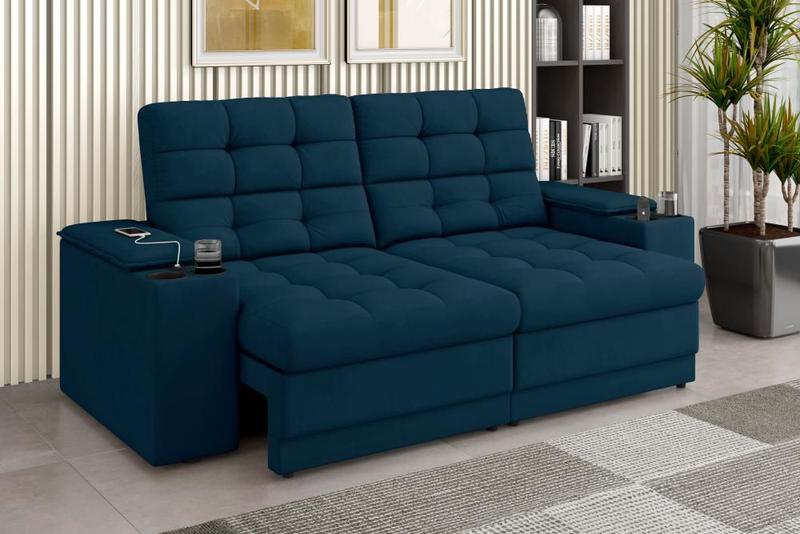 Imagem de Sofá Confort Premium 2,05m Assento Retrátil/Reclinável porta copos e USB Suede Petróleo - XFlex Sofas