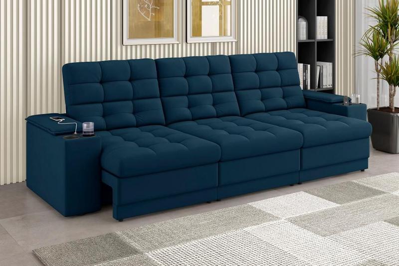 Imagem de Sofá Confort Premium 2,30m Assento Retrátil/Reclinável porta copos e USB Suede Azul - XFlex Sofas