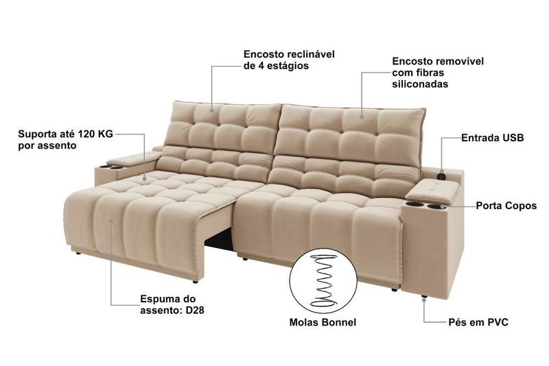 Imagem de Sofá Connect Premium 2,30m Assento Retrátil/Reclinável com porta copos e entrada USB Suede Capuccino