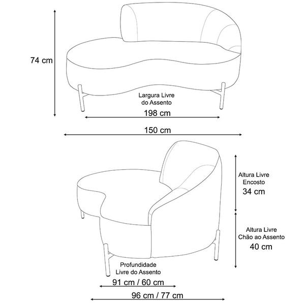 Imagem de Sofá Curvo 02 Lugares 150cm Braço Esquerdo Thommy Pés Ouro Fosco Linho Off White - CasaePoltrona