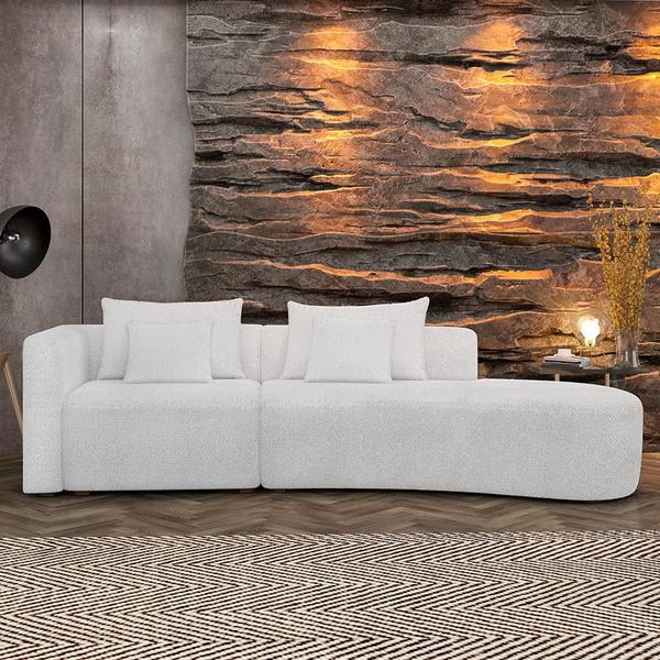 Imagem de Sofá Curvo Decorativo Kimiko 307Cm 5 Lugares Sala de Estar com Chaise Bouclê Branco G52 - Gran Belo