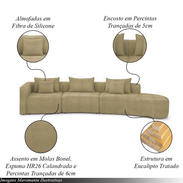 Imagem de Sofá Curvo Decorativo Kimiko 427Cm 5 Lugares Sala de Estar com Chaise Bouclê Bege G52 - Gran Belo