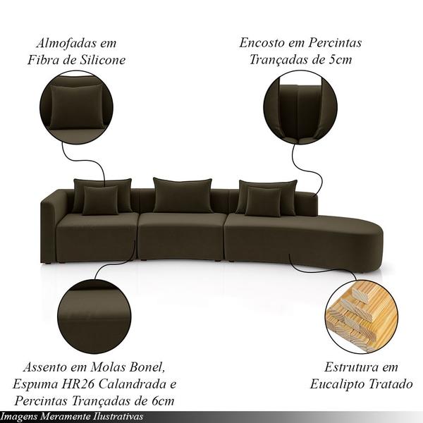 Imagem de Sofá Curvo Decorativo Kimiko 427Cm 6 Lugares Sala de Estar com Chaise Veludo Marrom G52 - Gran Belo