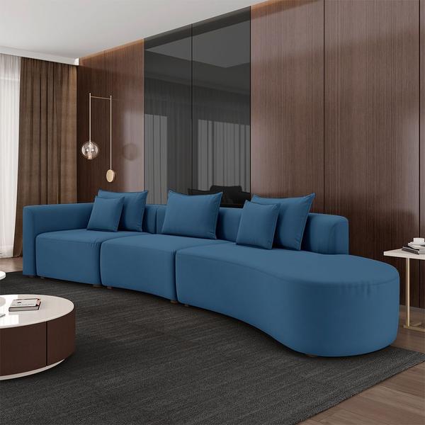 Imagem de Sofá Curvo Decorativo Kimiko 437Cm 6 Lugares Sala de Estar com Chaise Veludo Azul Petróleo G52 - Gran Belo