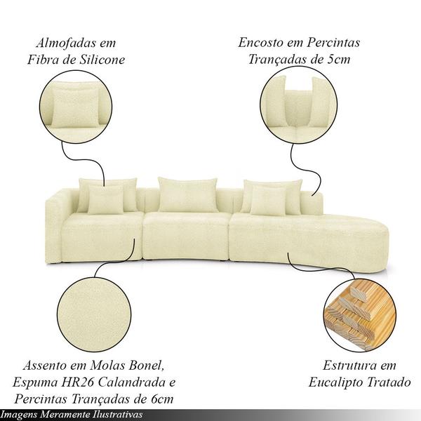 Imagem de Sofá Curvo Decorativo Kimiko 447Cm 5 Lugares Sala de Estar com Chaise Bouclê Off White G52 - Gran Belo