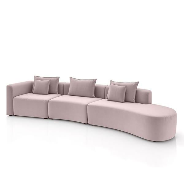 Imagem de Sofá Curvo Decorativo Kimiko 447Cm 6 Lugares Sala de Estar com Chaise Veludo Rosê G52 - Gran Belo