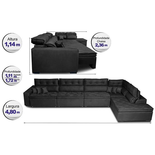 Imagem de Sofá de Canto 4,80x2,36m Retrátil e Reclinável com Molas Cama inBox Platinum Direito Suede Preto