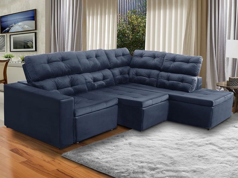 Imagem de Sofá de Canto Chaise D 293 x 220 Cm Retrátil Reclinável Mola Bonnel Prime Suede Azul Escuro - SóSofá